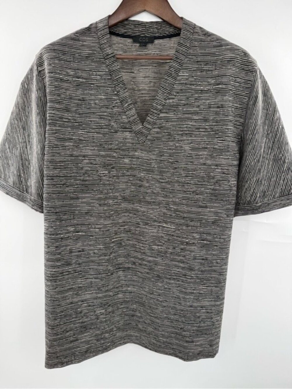 COS Textured Stripe V-Neck Short Sleeve Top Women’s XL Black White Wool Blend